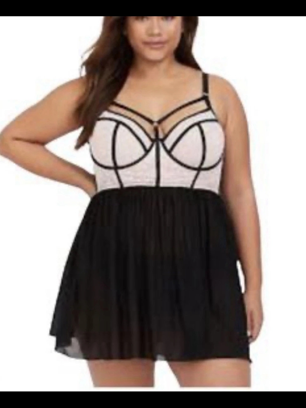 Plus Size Lace & Mesh Chemise in Black and White with Strappy Detail